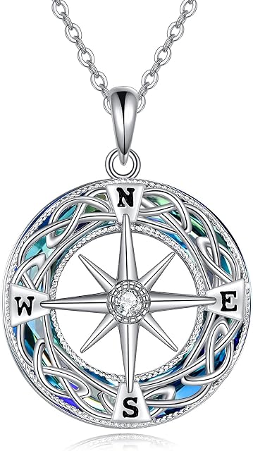 YAFEINI Compass Necklace 925 Sterling Silver Celtic Knot Abalone Shell Necklace Graduation Friendship Talisman Travel Necklace Inspirational Graduation Gift Jewellery Gifts for Women