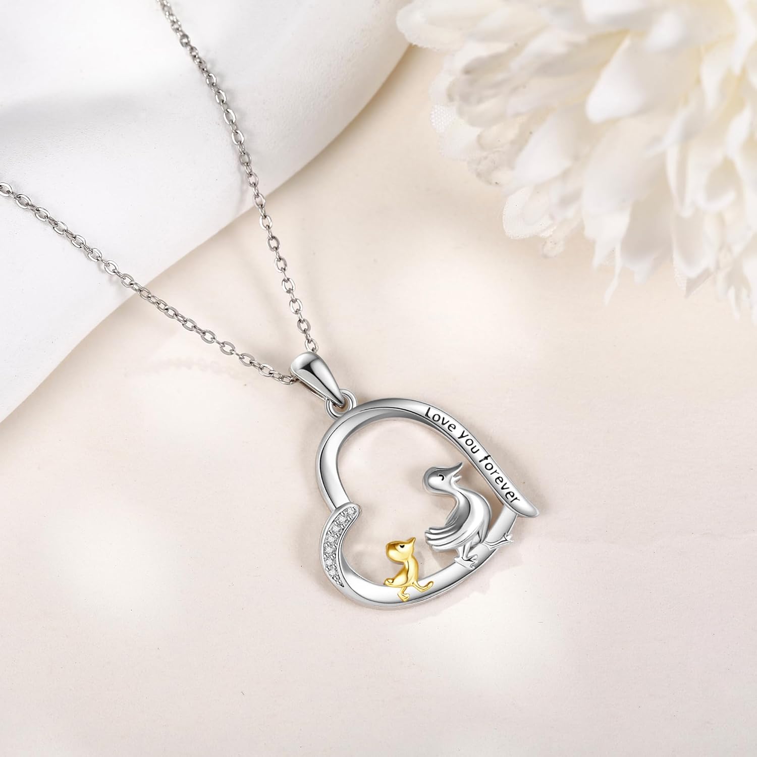 925 Sterling Silver Duck Pendant Necklace - Heart Mom and Child Jewelry for Women - Duck Lovers Gifts