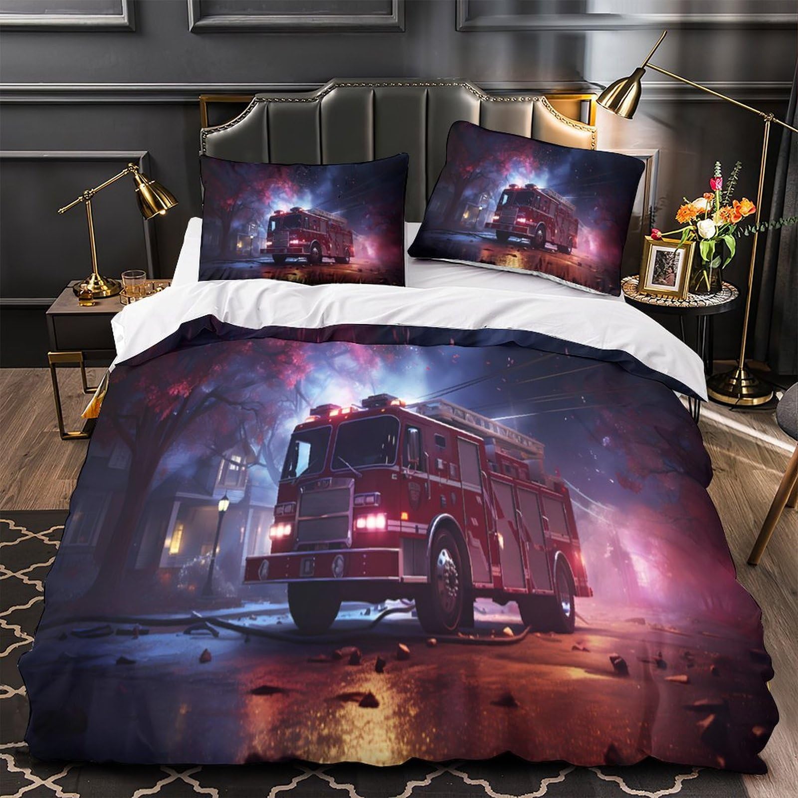 Camion de pompiers housse de couette 140x200 pour chambre enfant