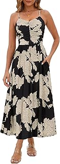 Women 2025 Summer Spring Ruched Maxi Dress Adjustable Spaghetti Strap Floral Beach Long Sundress with Pockets - Buy now