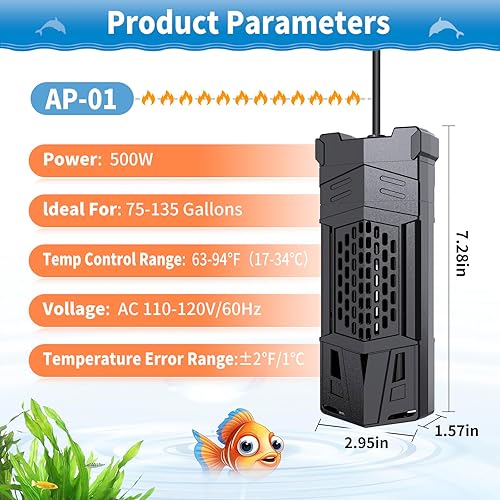 Miniatura 6 de HiTauing Calentador de acuario de 300 W500 W800 W1000 W, calentador de tanque de peces con chip IC inteligente y controlador de sistema PID, sonda
