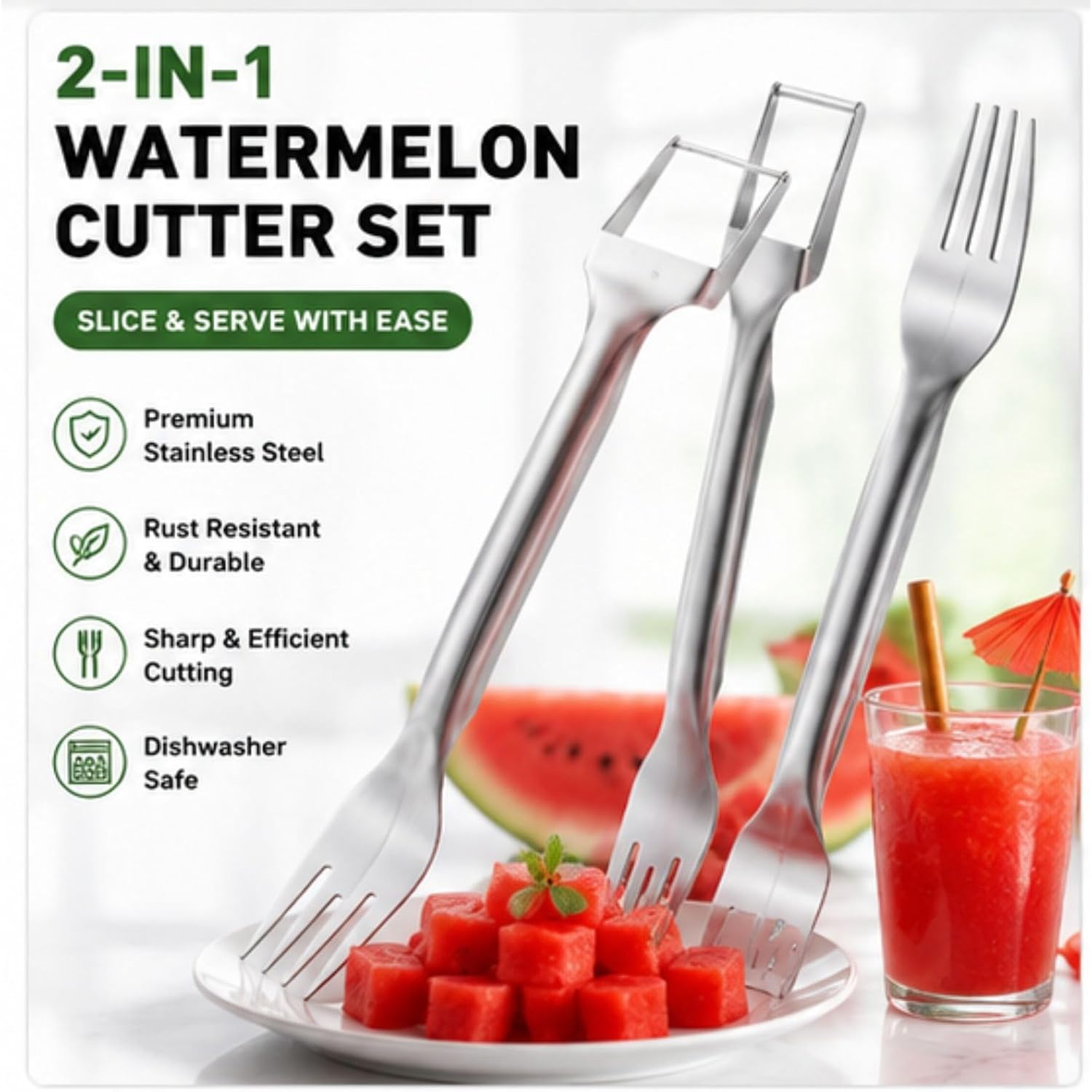 Stainless Steel Watermelon Cutter – Dual-Head Slicer and Fork Tool, Summer Fruit Cutting Tool for Home Kitchens (2-Pack)