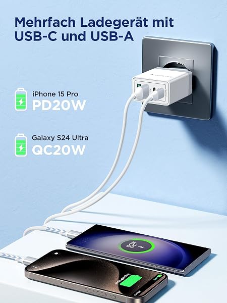 Aioneus USB C Ladegerät, 4 Ports Mehrfach Ladegerät mit USB-C und USB-A, 40W Schnellladegerät PD 3.0 Power Adapter USB Netzteil für iPhone 16 15 14 Pro Max 13 12 11 SE 2020 XS XR 8 7, Samsung, Handys - 3