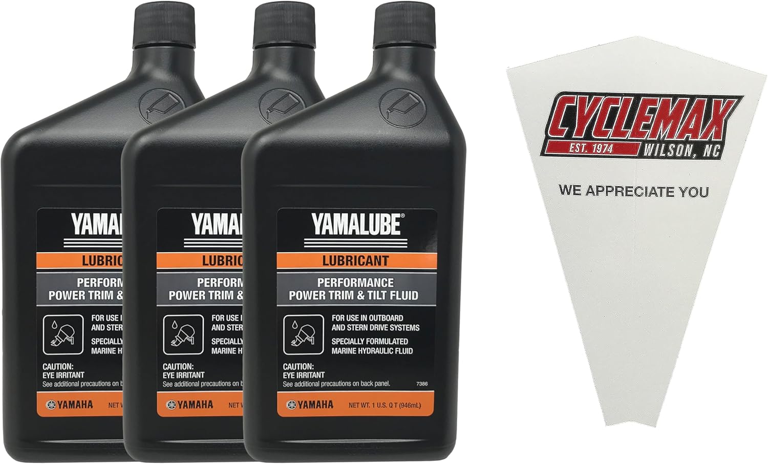 Cyclemax Three Pack compatible with Yamaha Performance Power Trim & Tilt Fluid ACC-PWRTR-MF-32 Contains Three Quarts and a Funnel