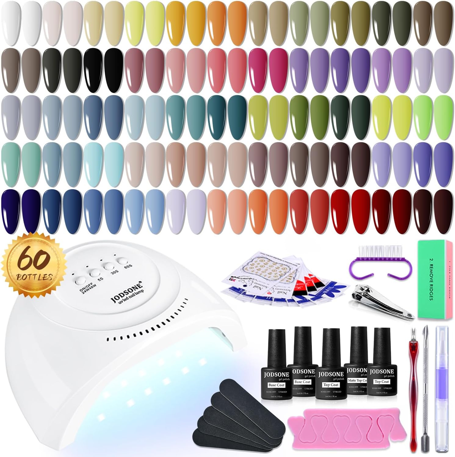 JODSONE 60 PCS Gel Nail Polish Kit with U V Light 55 Colors No Wipe Beautiful Colors Nail Gel Polish Base Top Coat Manicure Gifts for Salon and at Home