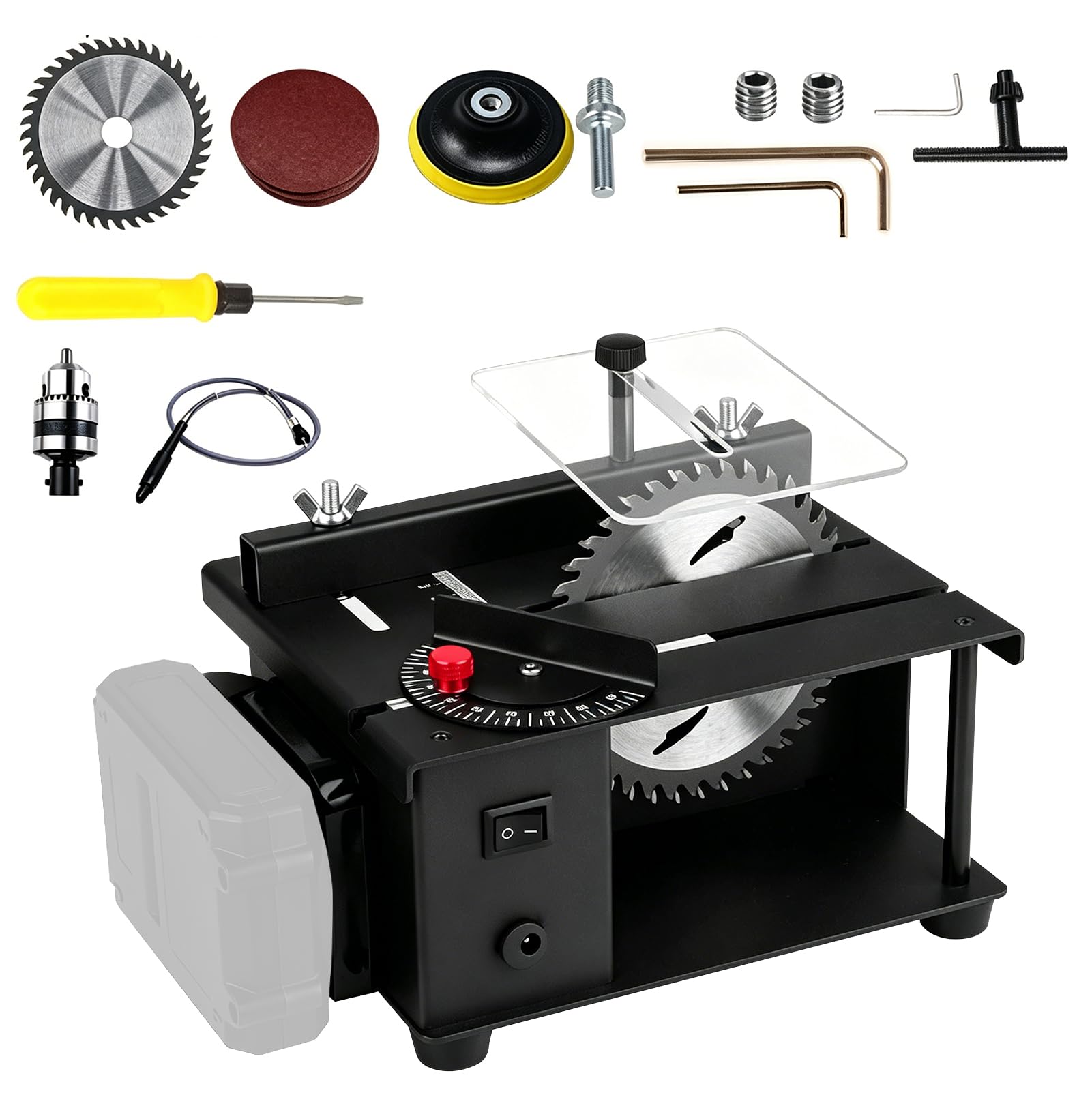 Mini Sierra Circular de Mesa, 23 000 R/Min, Compatible con Makita Baterías | Corte, Lijado y Grabado 3 en 1 con Disco 110mm, Eje Flexible y Portabrocas para Madera, Acrílico, PCB y Plástico, Sin Batería