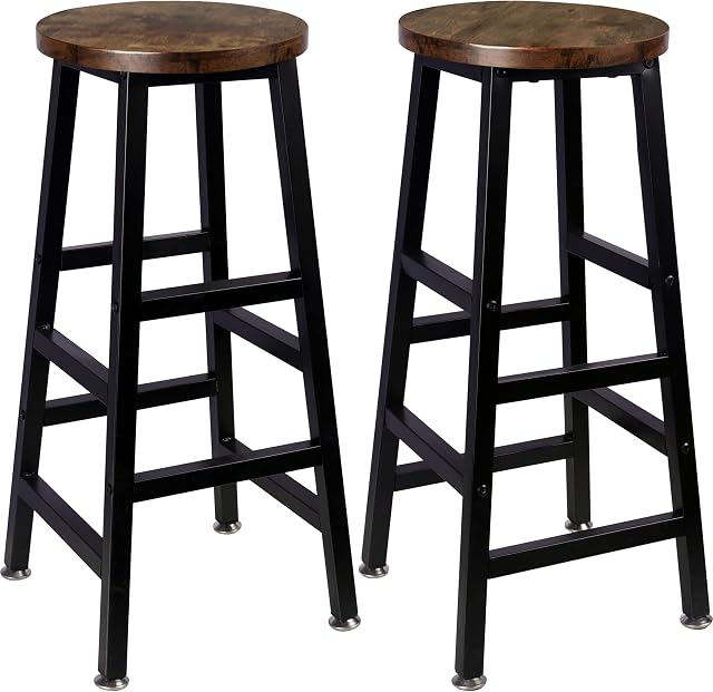 Tektalk Round Bar Stool Square Leg Vintage Rustic Brown Easy Assembly for Home Kitchen Counter - Set of 2