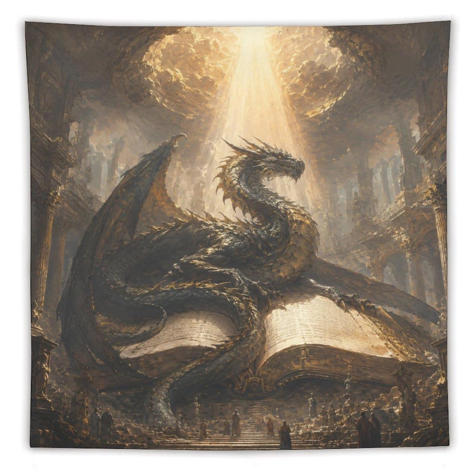 H3B8U2Y5 Dragon Rising from Open Book Wall Tapestry, Surrealist, Backdrop