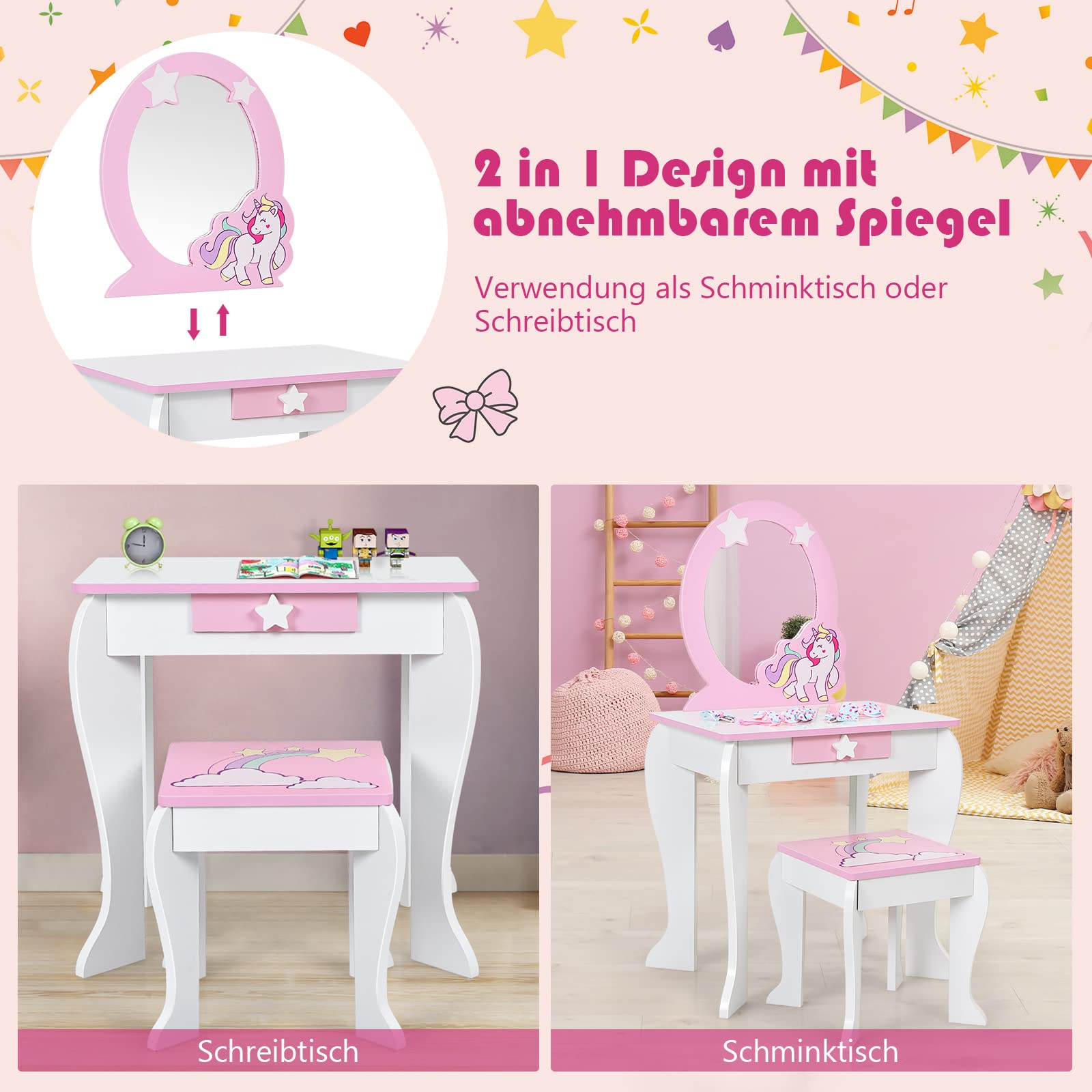 DREAMADE Kinder Schminktisch mit Hocker und Abnehmbarer Spiegel, Prinzessin Frisiertisch für Kinder, Frisierkommode mit Schublade, Kinderschminktisch für Mädchen (Weiß)