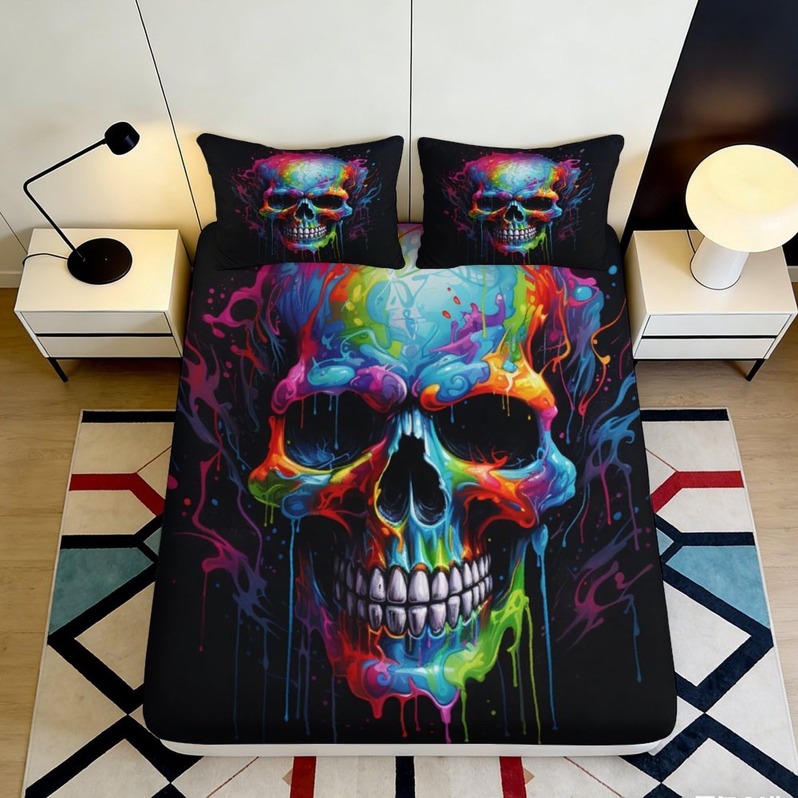 Pnayamiorkfel Style-9 3D Printed Colorful Skull Fitted Sheet Microfiber Soft Anti-Slip Bed Cover For Bedroom Guest Room Dorm Decor Easy Care 90X200x25cm