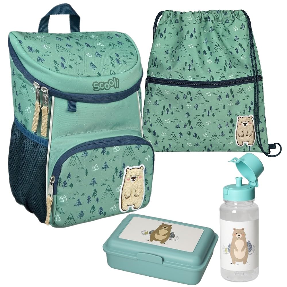 Familando Scooli Mini-Me Kindergarten Rucksack für Jungen und Mädchen | 4-TLG. Set mit Brotdose und Trinkflasche | Ergonomischer Vorschulrucksack für die Kita | Bobby Bär Blau