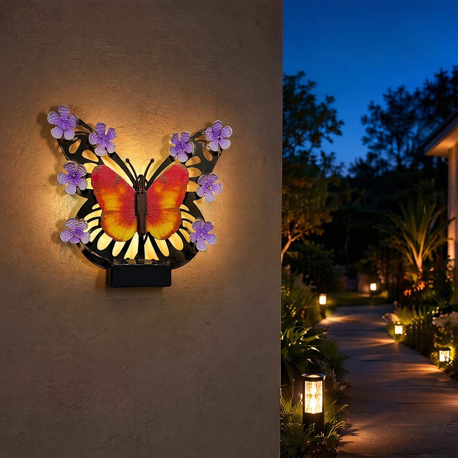 CRGANGZY Solar Butterfly Lights Outdoor, Solar Butterfly Garden Wall Decor LED Light, Metal Butterflies Illuminated Fence Lamp Hanging Sculpture for Patio Porch Yard Garden Decoration