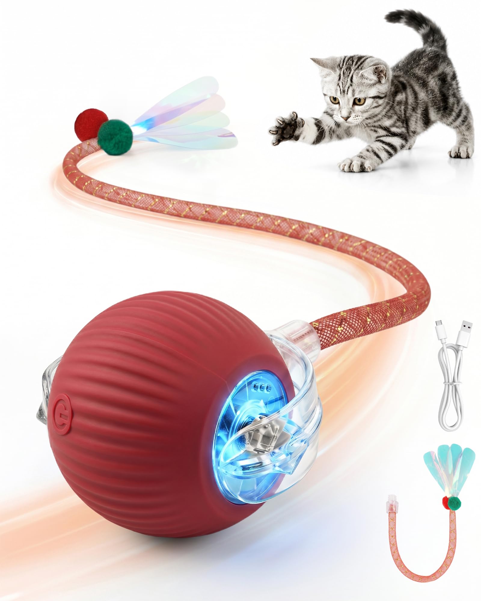 Red Interactive Electric Cat Ball with Tail, 3 Modes, Type-C Rechargeable