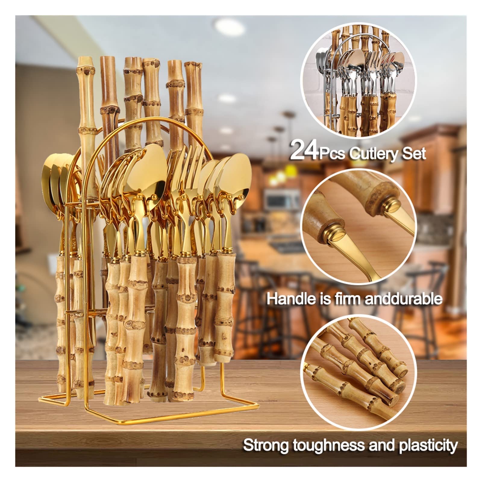 Ensemble de Couverts en Acier Inoxydable 24 pièces avec poignée en Rack, Couteau, Fourchette, cuillère, Ensemble de Vaisselle Naturel respectueux de l'environnement