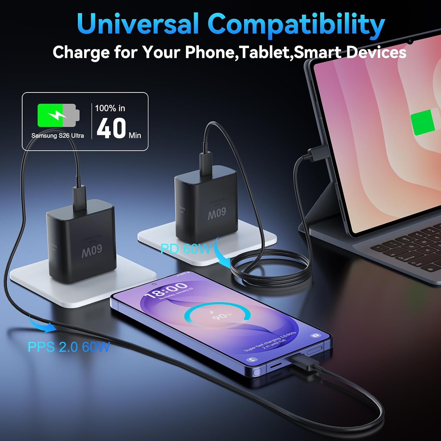 Super Fast Charger Type C 60W USB C Fast Charger Block with 10FT Extra Long Type-C Charging Cord-Super Fast Charging 3.0 for Samsung Galaxy S26 Ultra/S26/S26+/S25 /S24/S23 Ultra/iPhone 17/16/15 thumbnail
