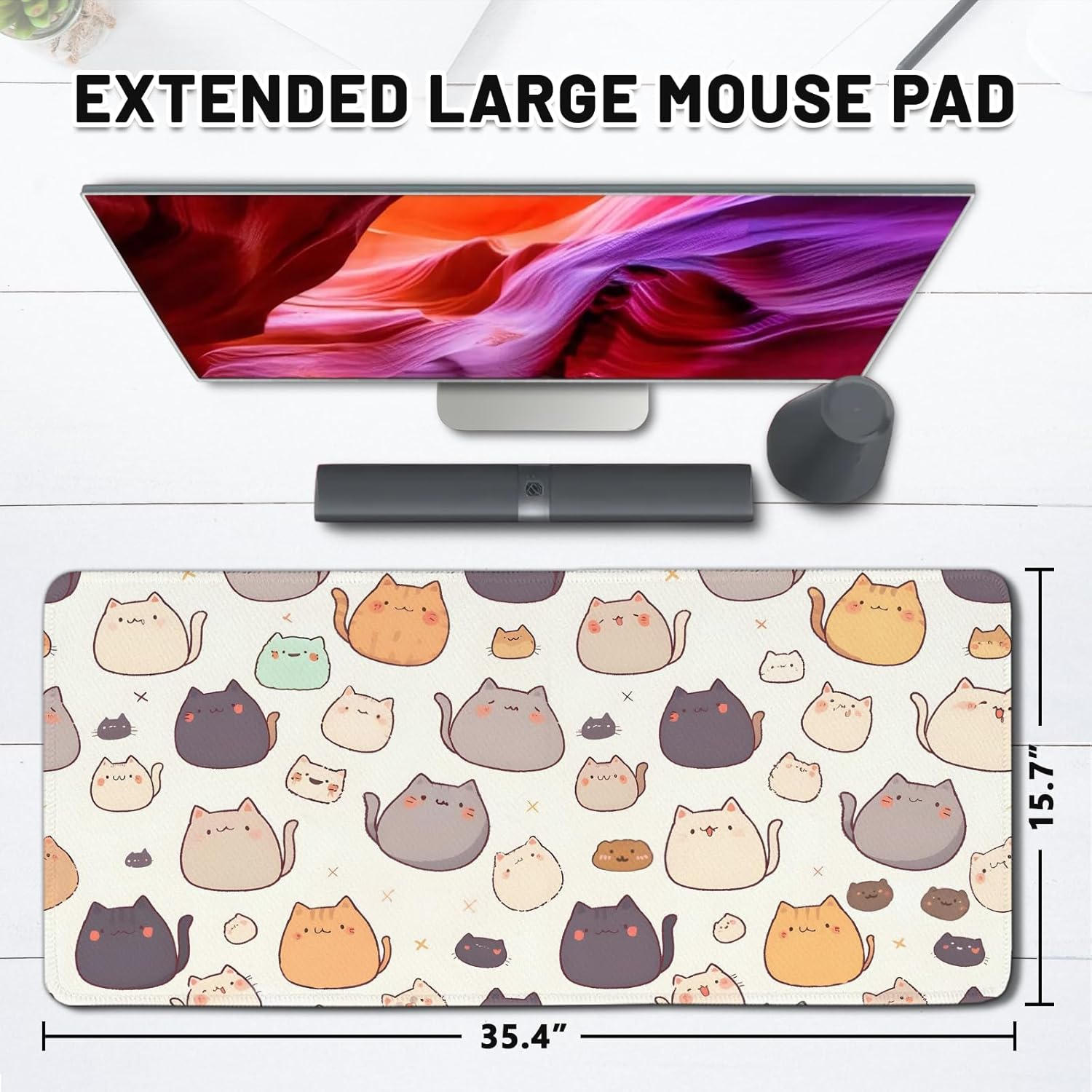 Kawaii Cat Gaming Mouse Pads Large, Anime Cat Mousepad Cut with Non Slip Base Stitched Edges, Birthday Gifts for Lovers, Extended Keyboard Desk Pad for Home Office Gift for Christmas 15.7”x 35.4”XXL