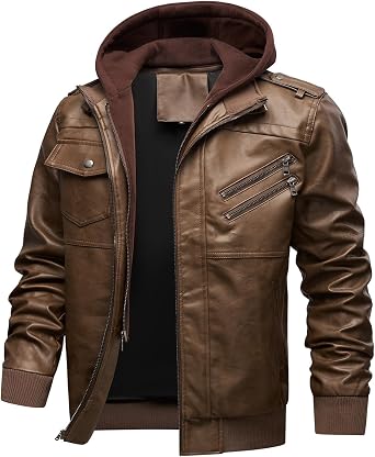 INVACHI Mens Faux Leather Jacket, Motorcycle Bomber with Removable Hood