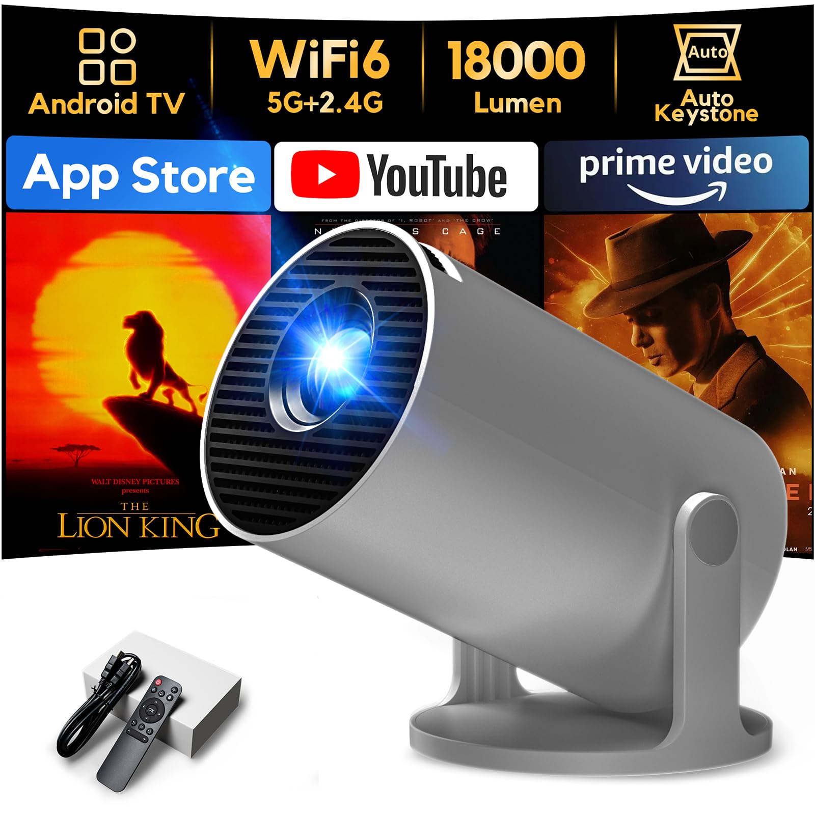 [Apps integrate] Proiettore Portatile, AKIYO 2025 Upgraded O2 Proiettore Supporta 4K 1080P Auto Keystone WiFi 6 BT5.4, Rotabile 180°, Dual Control Compatibile con HDMI/USB/Phone/Laptop/PS5, Nero