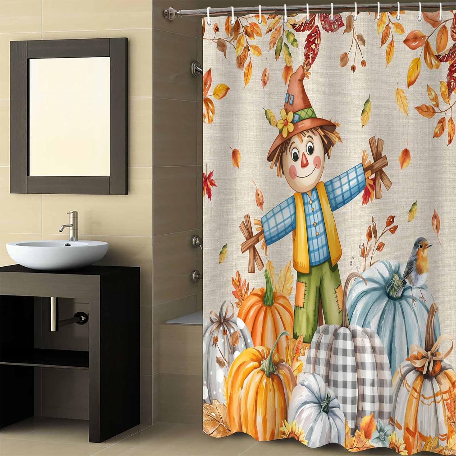 Shower Curtain Thanksgiving Autumn/Fall Pumpkin Maple Leaves Scarecrow Shower Curtains Waterproof Polyester Fabric Bath Curtains with Hooks for Farmhouse Bathroom Decor 36" Wx72 L