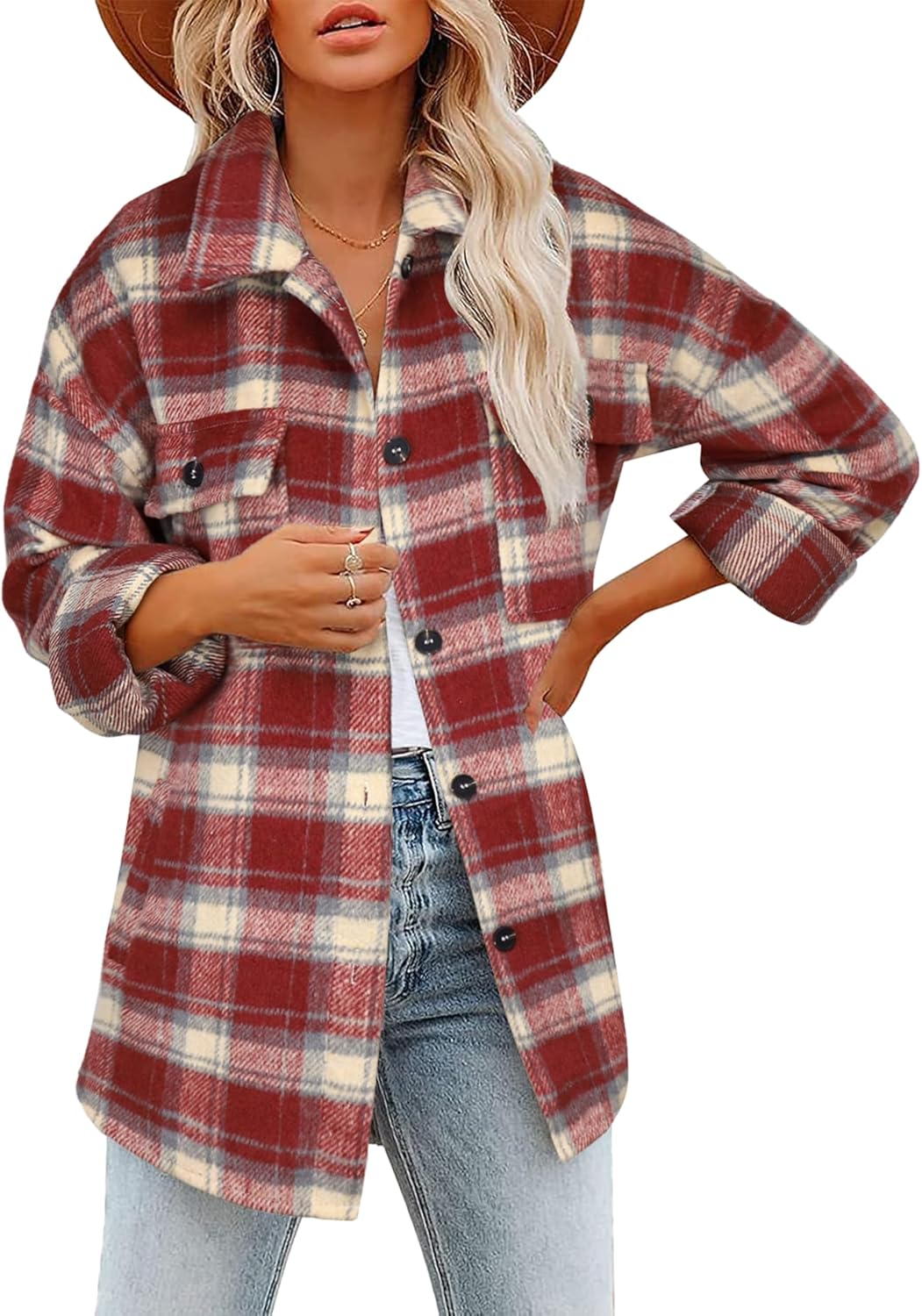 Beaully Women's Flannel Plaid Shacket Fall Winter Outfits Long Sleeve Button Down Shirts Jacket Coats with Side Pockets - Image 2