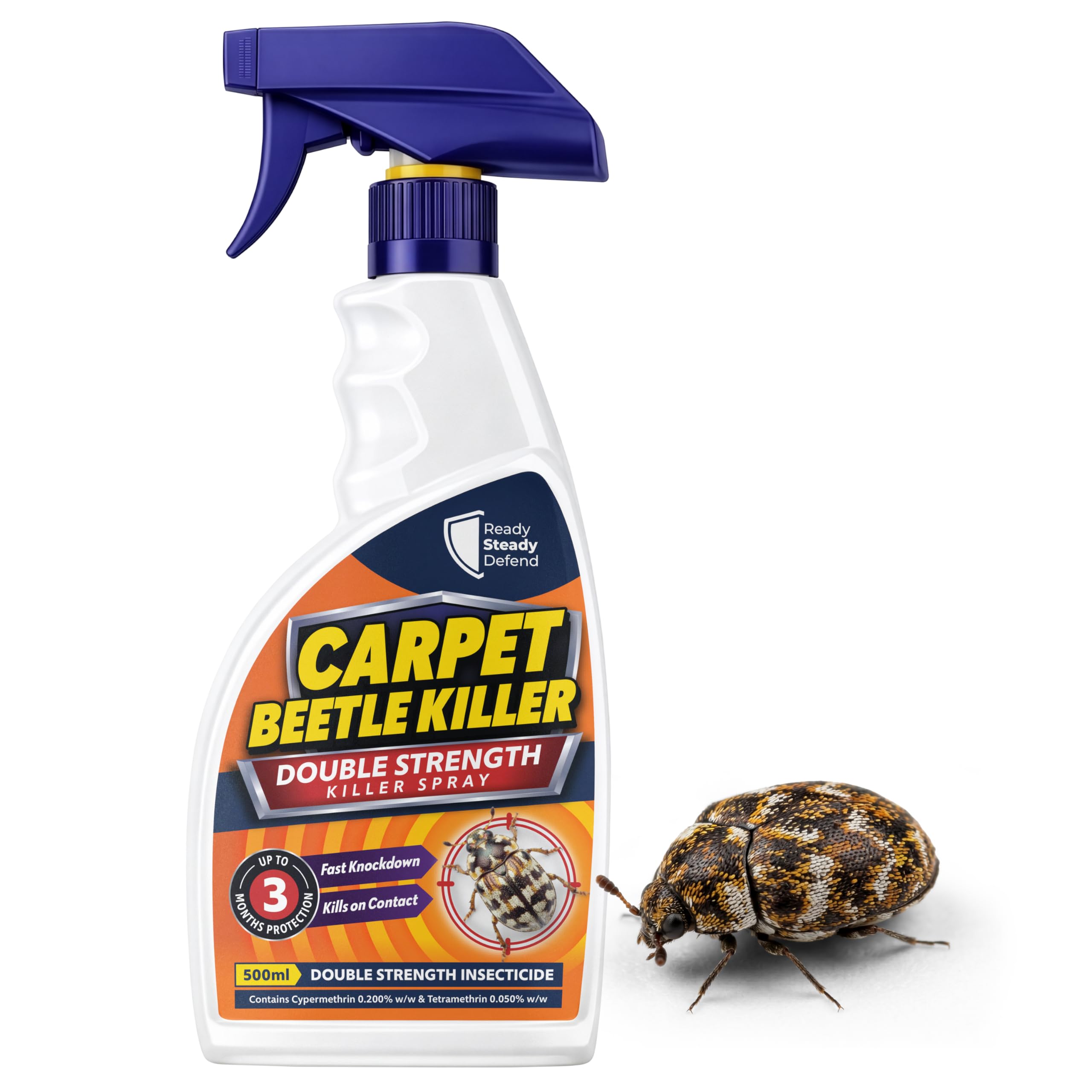 Ready Steady Defend Carpet Beetle Killer Spray - Double Strength Cypermethrin & Tetramethrin Formula, Kills Adult Carpet Beetles, Eggs And Larvae, Fast Knockdown, For Carpets, Rugs, Curtains, Soft & Furnishings - 500Ml