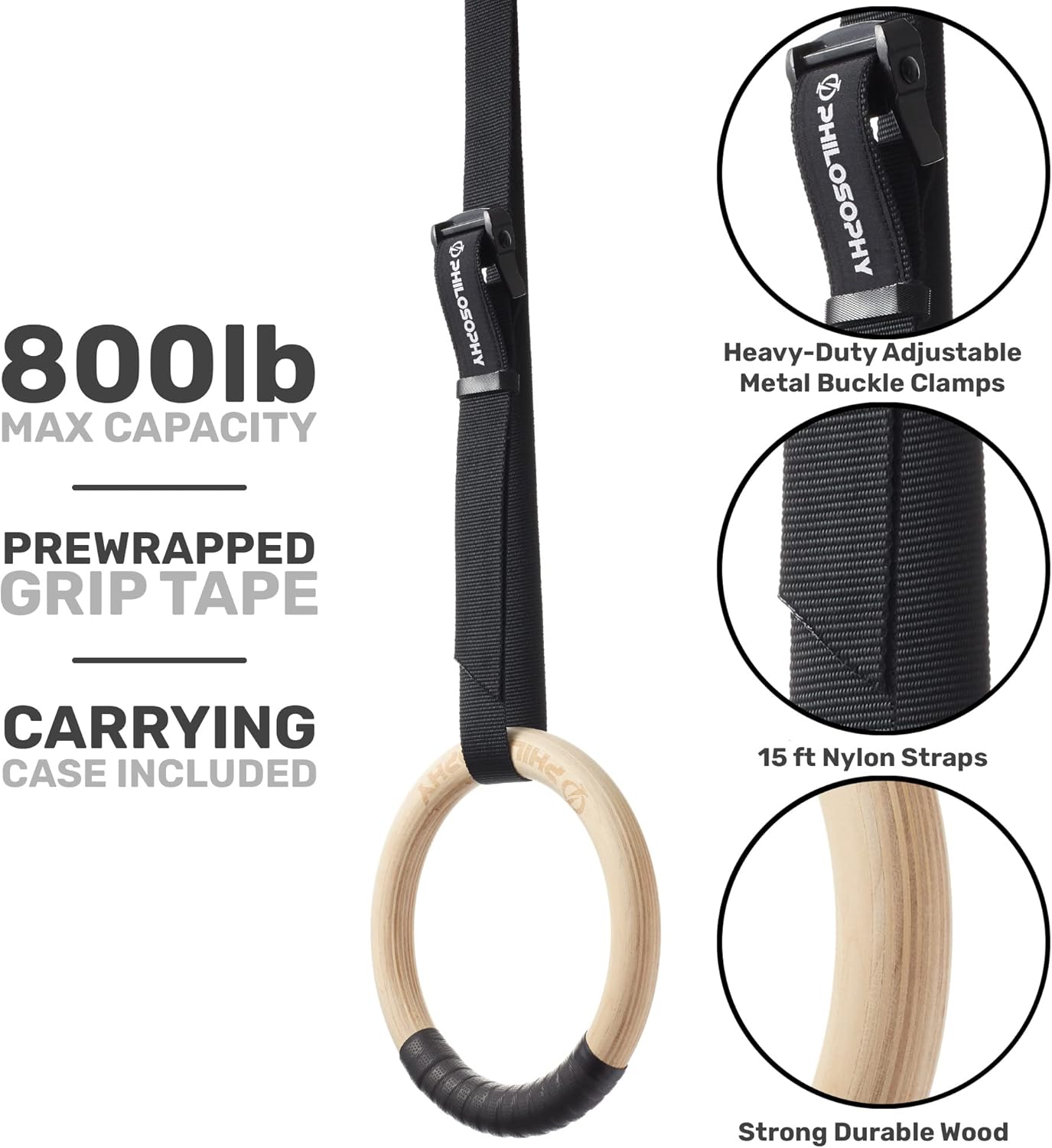 Philosophy Gym Wood Gymnastic Rings 1" or 1.25" Grip with Adjustable Straps and Grip Tape for Pull Ups, Dips, Muscle Ups