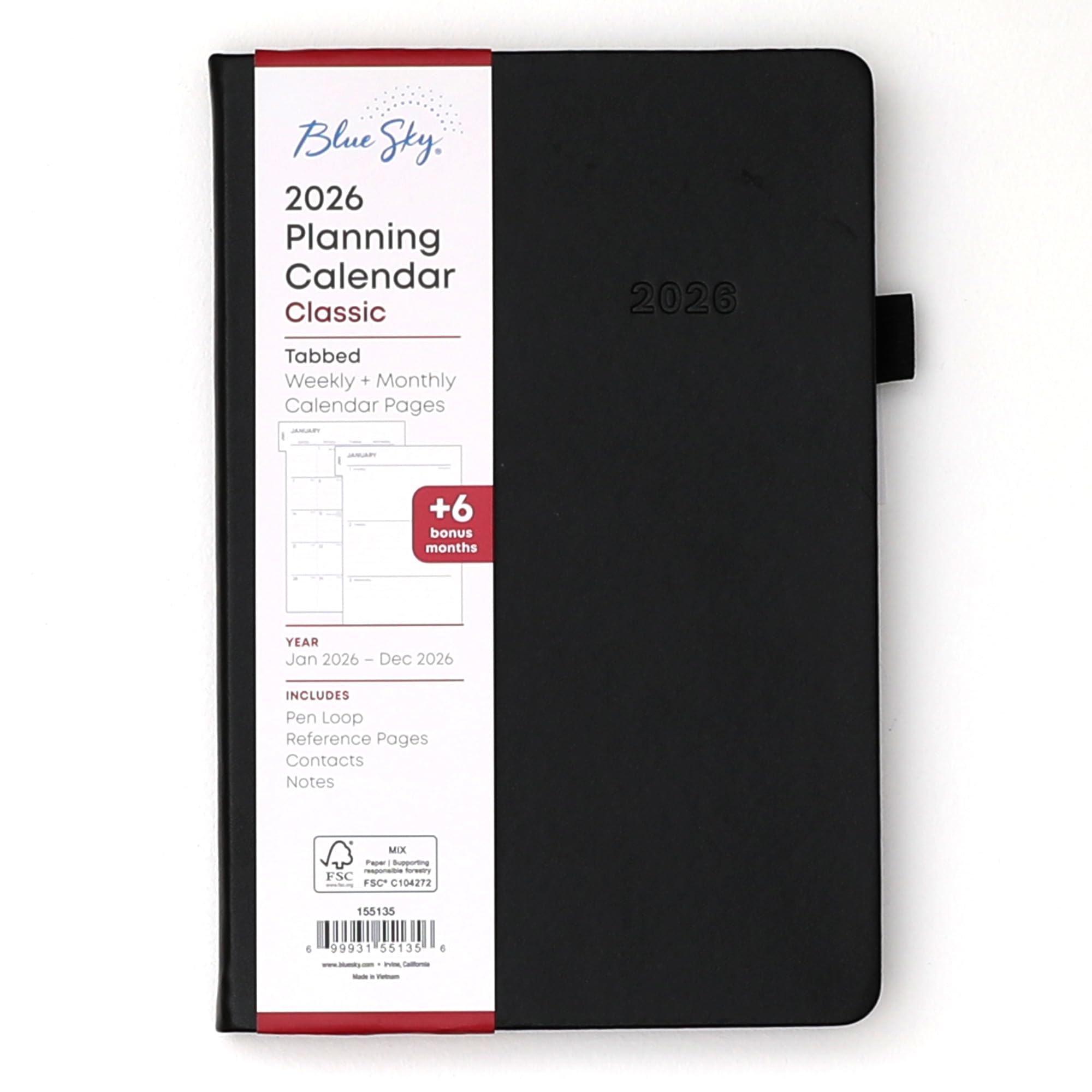 Blue Sky 2026 Weekly and Monthly Planner Calendar, January 2026 - December 2026, 5" x 8", Faux Leather Hard Cover, Bookbound, Tabs, Pen Loop, Black