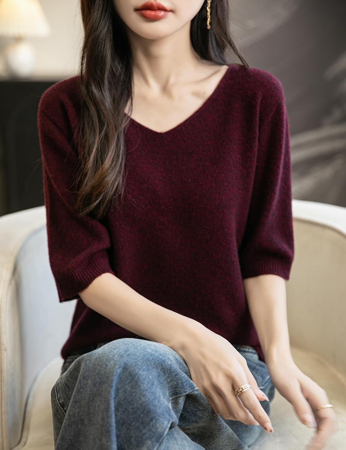 Chanyarn Women's V-Neck 100% Merino Wool Spring Fall Winter First-Line Ready to Wear Seamless Knit Shirt Short Sleeve Sweater - Image 2