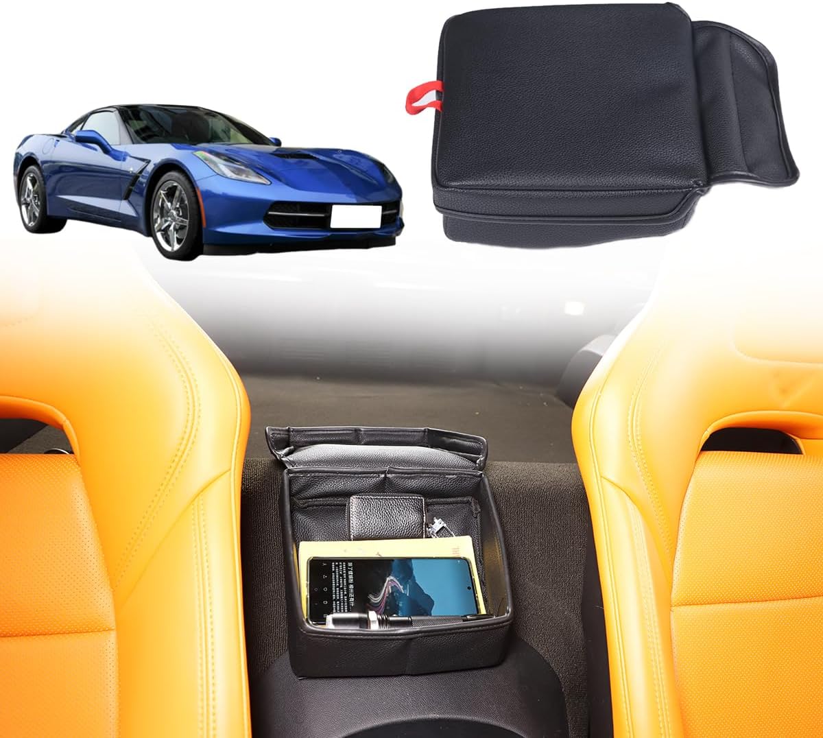 Black Leather Car Seat Organizer, Stable Car Storage bag Compatible with Chevrolet Corvette C7 2014-2019 Car Armrest Rear Storage Box，Auto Extra Storage Organizer