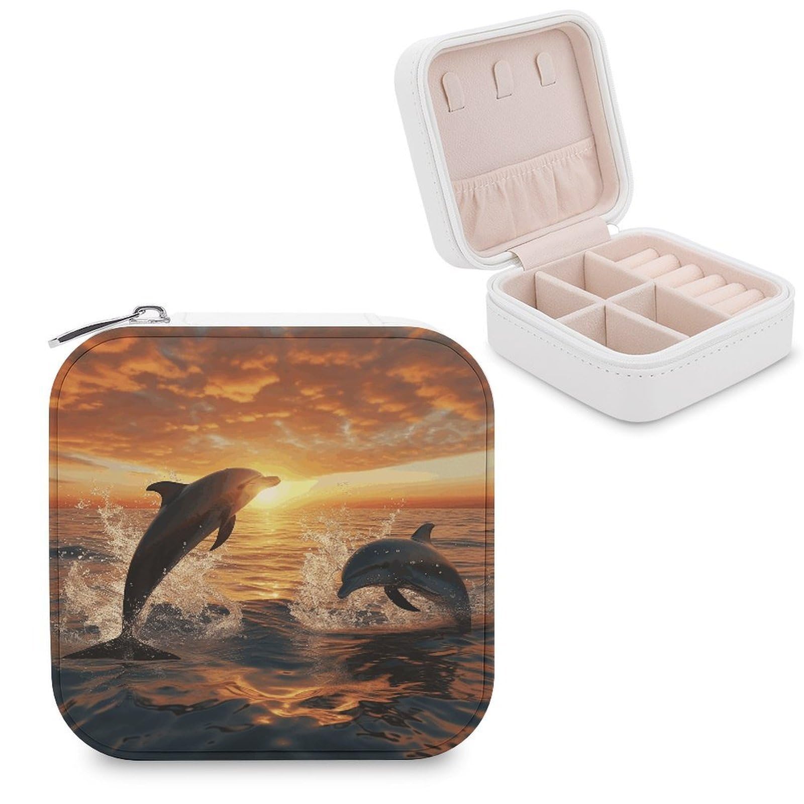FekiLoot Dolphins Jumping Out of The Water at Sunset Jewelry Case Personalized Leather Jewelry Box Mini Travel Jewelry Case Small Portable Jewelry Organizer for Ring Earrings Necklace Bracelet