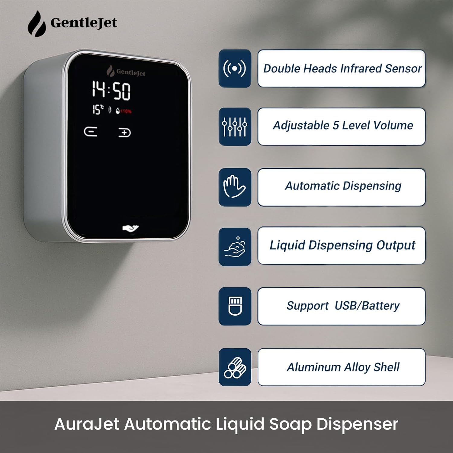 AuraJet Automatic Liquid Soap Dispenser Wall Mount, Touchless Motion Sensor, Digital LED Display, Aluminum Alloy Body, 5 Adjustable Output Levels, USB or Battery Powered, 16.2 oz - Image 2
