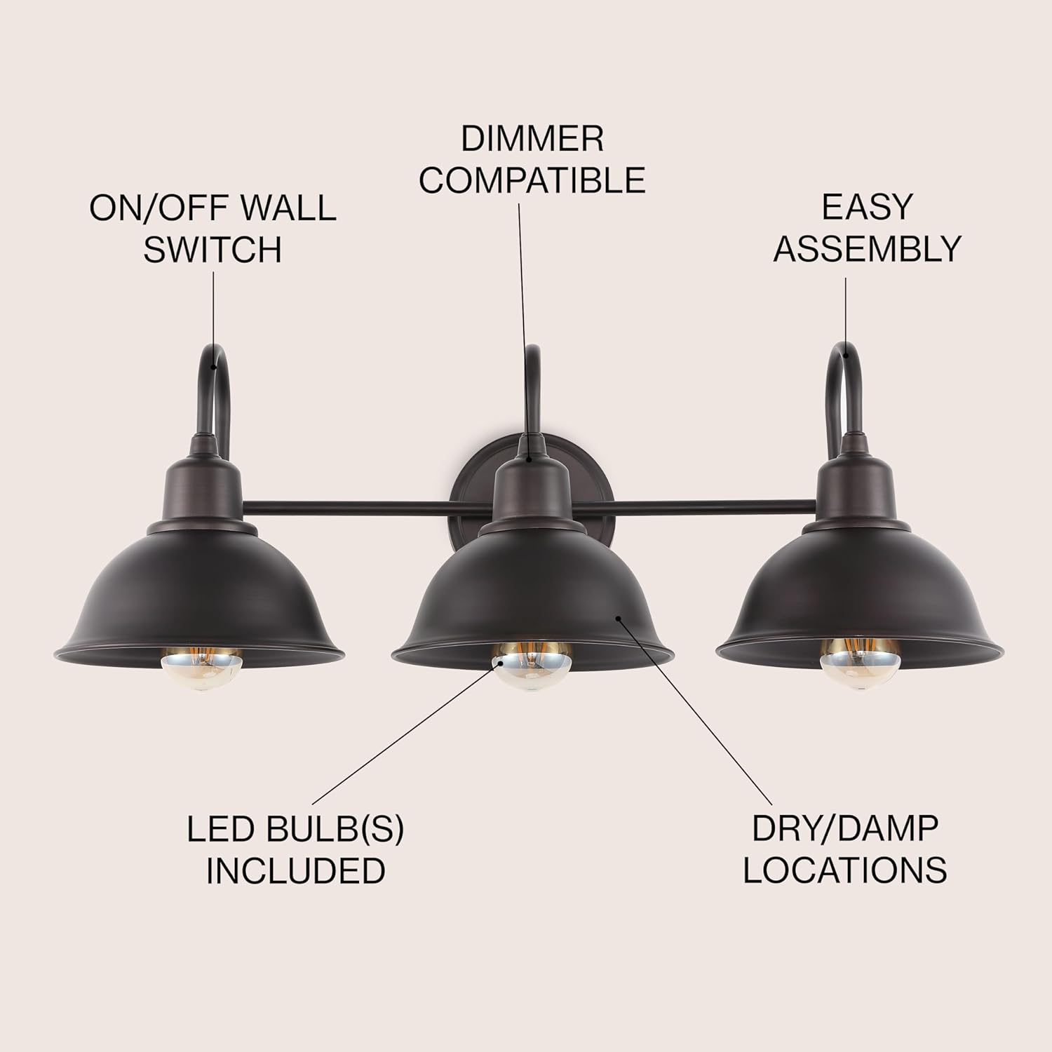 JONATHAN Y 27" Oil Rubbed Bronze Farmhouse Industrial 1-Light LED Vanity Wall Sconce for Bathroom Mirror Kitchen, Metal Shade, Dimmable Vintage Lighting, LED Bulb Included (JYL7483B)