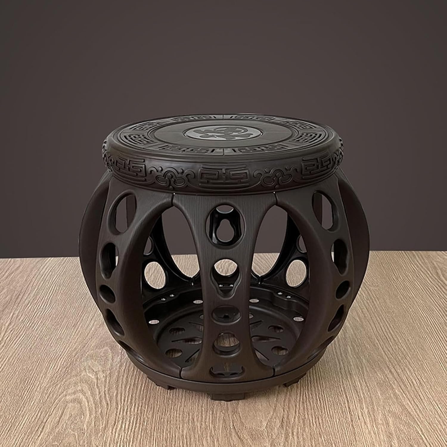 Garden Stool, Chinoiserie Decorative Garden Stools,Glazed Drum Stool with Hollow Flower Bird Design(Black,30 * 31cm)