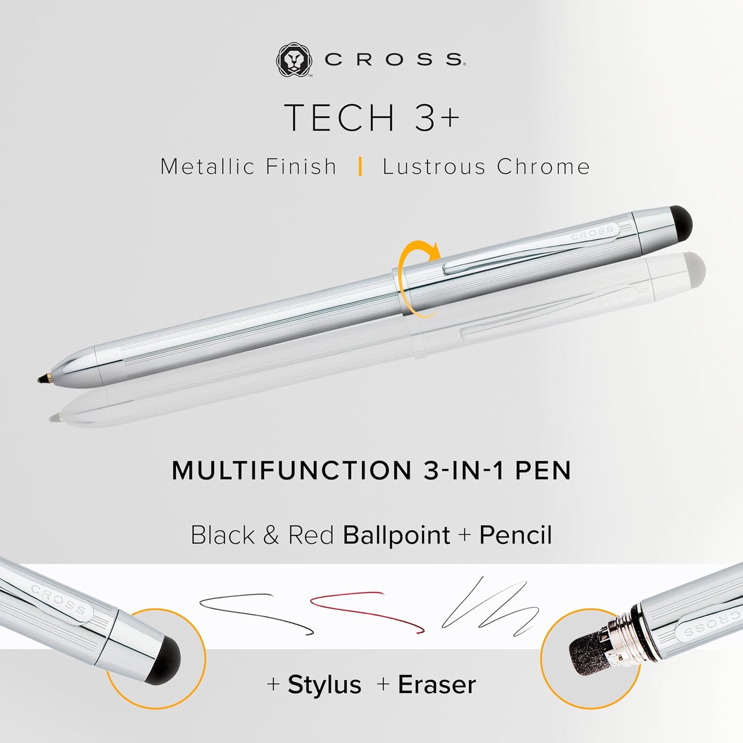 Cross Tech3+ Lustrous Chrome Multifunction Pen - Multifunctional Pen & Pencil for Versatile Use - Multiple Writing Tips - 2-Way Rotation Mechanism - Built-in Stylus - Corporate Gifts - Black Ink
