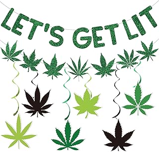 Weed Party Decorations for Adults Weed Marijuana 420 Decorations for Party Weed Birthday Decorations Let's Get Lit Glitter Banner Garland Hanging Swirls