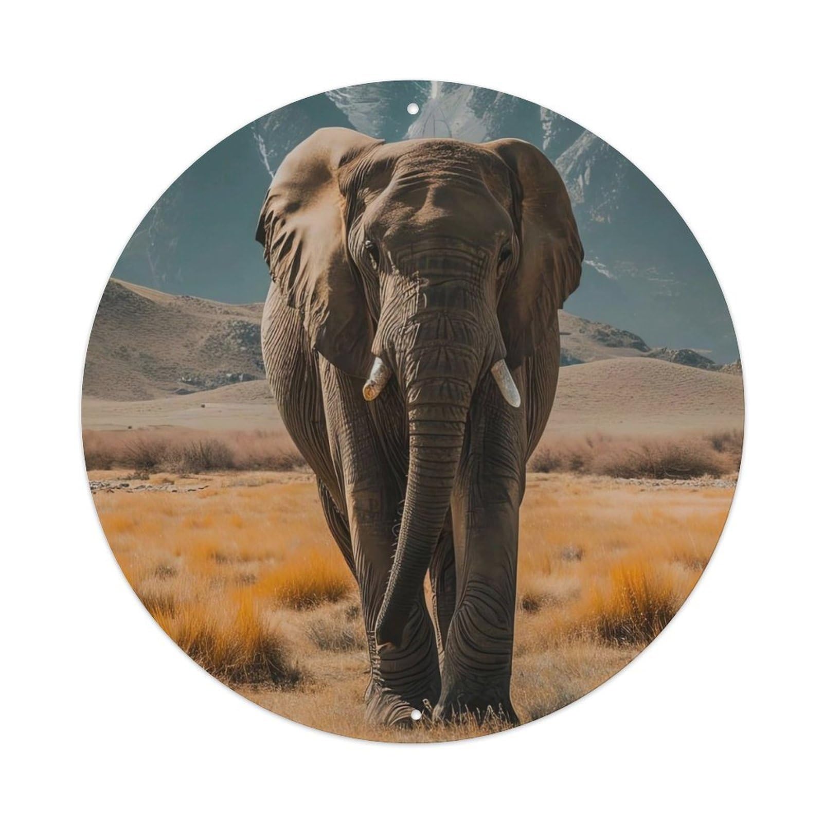 African Elephant Majestic Wildlife in Snowy Mountain Landscape Vintage Metal Tin Sign Plaque Wall Decor for Cafe, Club Bar, Office, Garden Metal Poster 8x8Inch