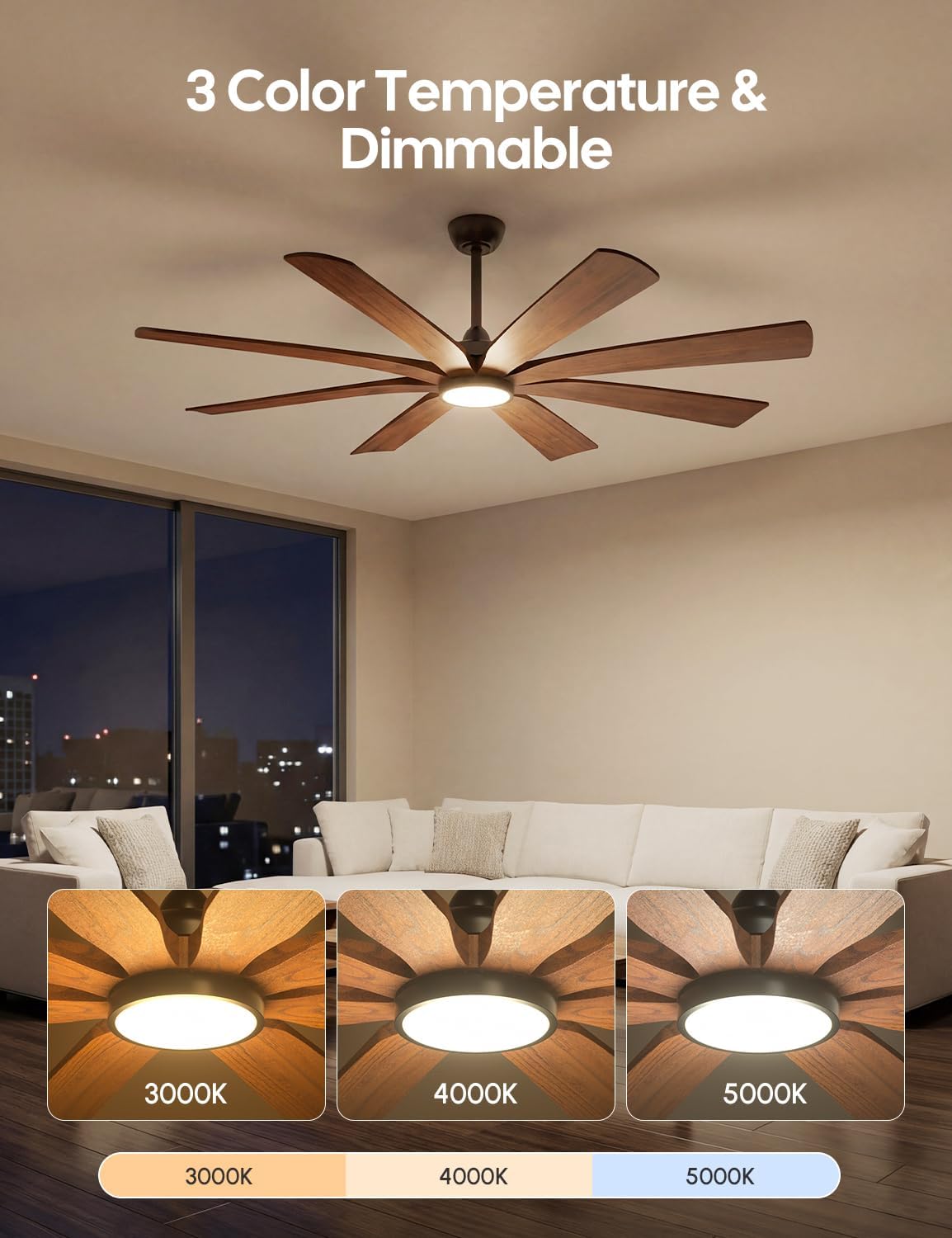 65 Inch Smart Outdoor Ceiling Fan with Lights, Alexa/App/Remote Control, Damp Rated for Patios, 8 Brown Solid Wood Blades, High 9876 CFM Quiet DC Motor, Modern Farmhouse Style for Large Room Exterior