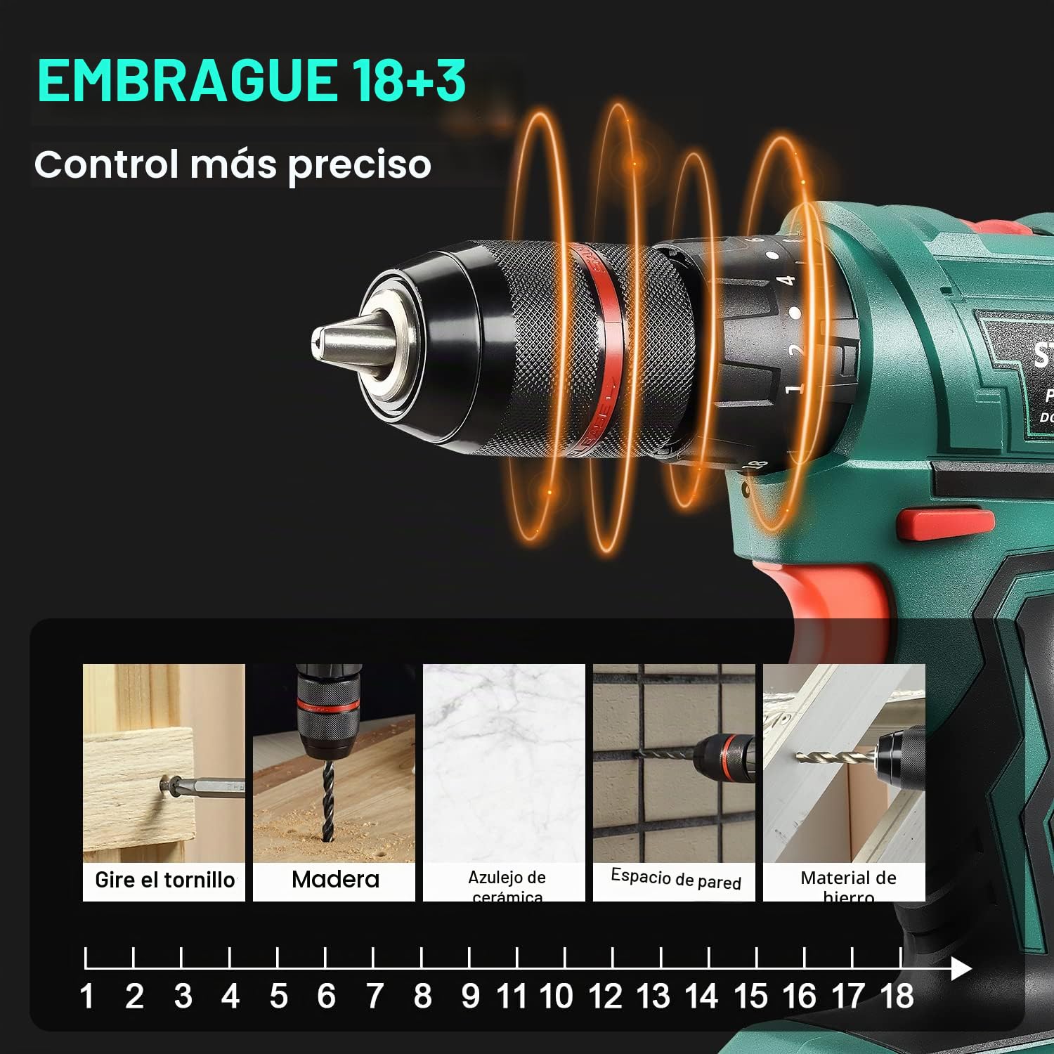 STANEW Taladro Percutor a Bateria 20V, Taladro Atornillador 2x2.0Ah Baterías, 35Nm, 18+3 Ajuste de Par, 2 Velocidad, 24 Accesorios, LED Luz Para Hogar, Bricolaje