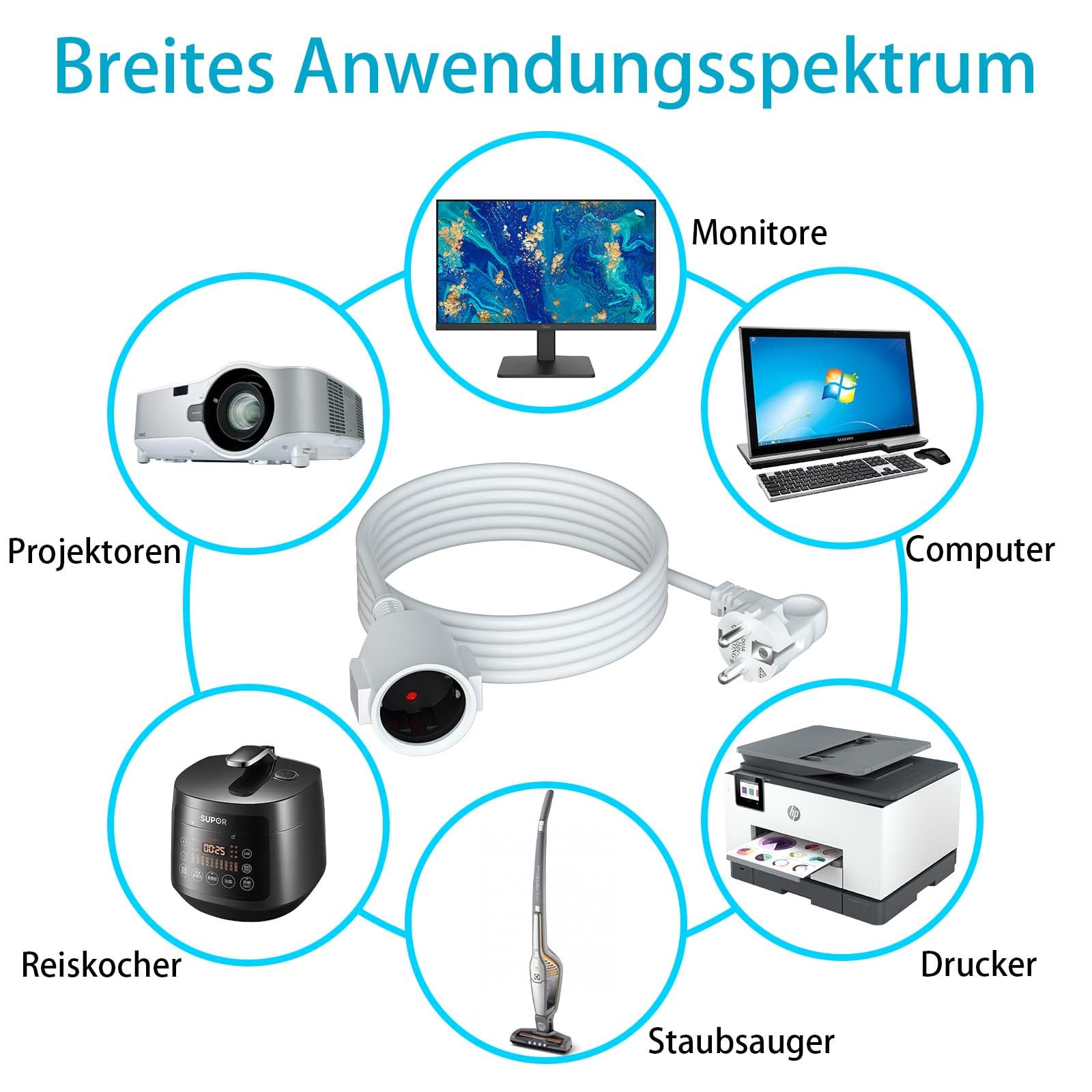 HITRENDS Kabel przedłużający zewnętrzny, z zaczepem oczkowym, wtykiem bezpieczeństwa, 3 m AC Schuko, do gniazd IP44, do domu, biura, na zewnątrz, 3 x 1,5 mm², 250 V/16 A, biały