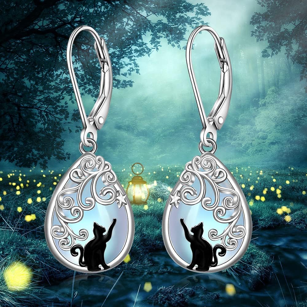 Cat Earrings Moonstone Filigree Earrings for Women Sterling Silver Teardrop Moonstone Black Cat Earring Dangle Cats Jewelry Cute Valentines Christmas Gifts - Image 6