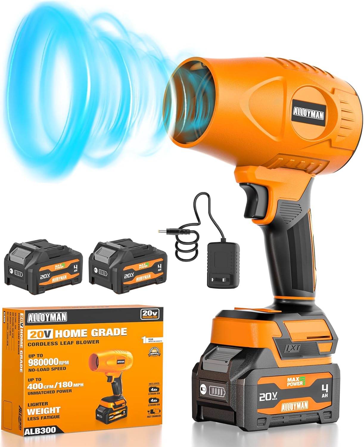 ALLOYMAN 20V Cordless Leaf Blower 980000RPM - 400CFM 180MPH Handheld Blower with 2x4Ah Batteries for Lawn Patio Dust Cleaning