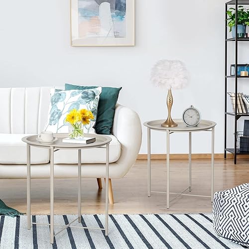 Miniatura 7 de VECELO Mesa auxiliarauxiliar, plegable, redonda, de metal, antioxidante, impermeable, para exteriores o interiores, bandeja para sala de estar,