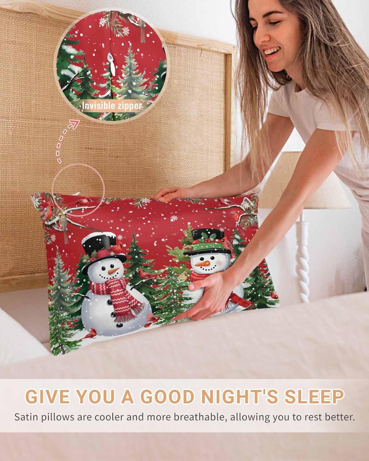 Red Snowman Christmas King Size Pillow Cases Set of 2, Xmas Tree Snowflake Winter Branches Satin Pillowcase with Zipper for Hair/Skin, Decorative Pillow Covers for Bed/Couch/Sofa, 20x36 Inches