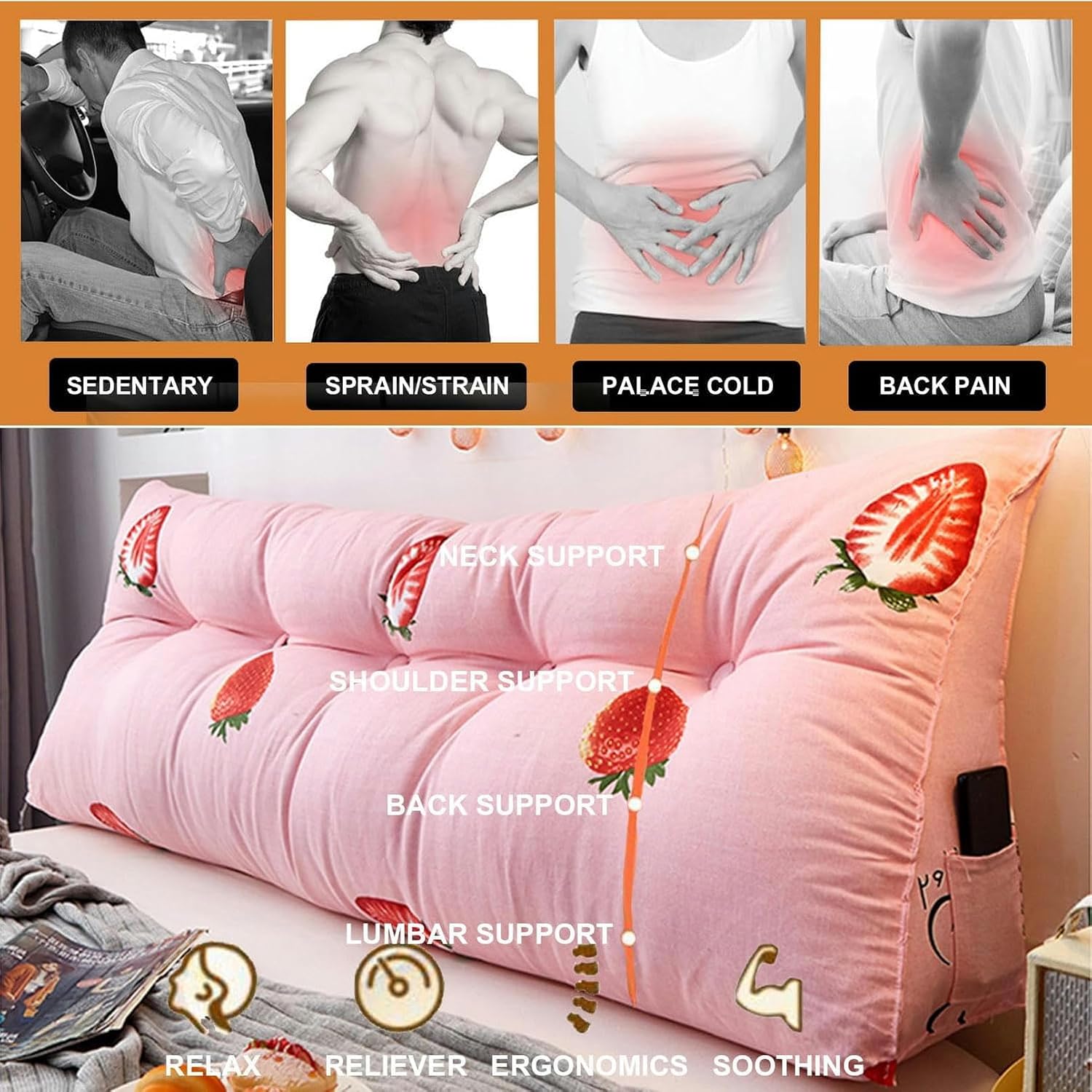 Large Triangular Headboard Wedge Bed Rest Reading Pillow Removable Backrest Triangle Positioning Support Bolster Cushion for Day Bed Dorm,Plaid2,King/78.7 inches, Pink