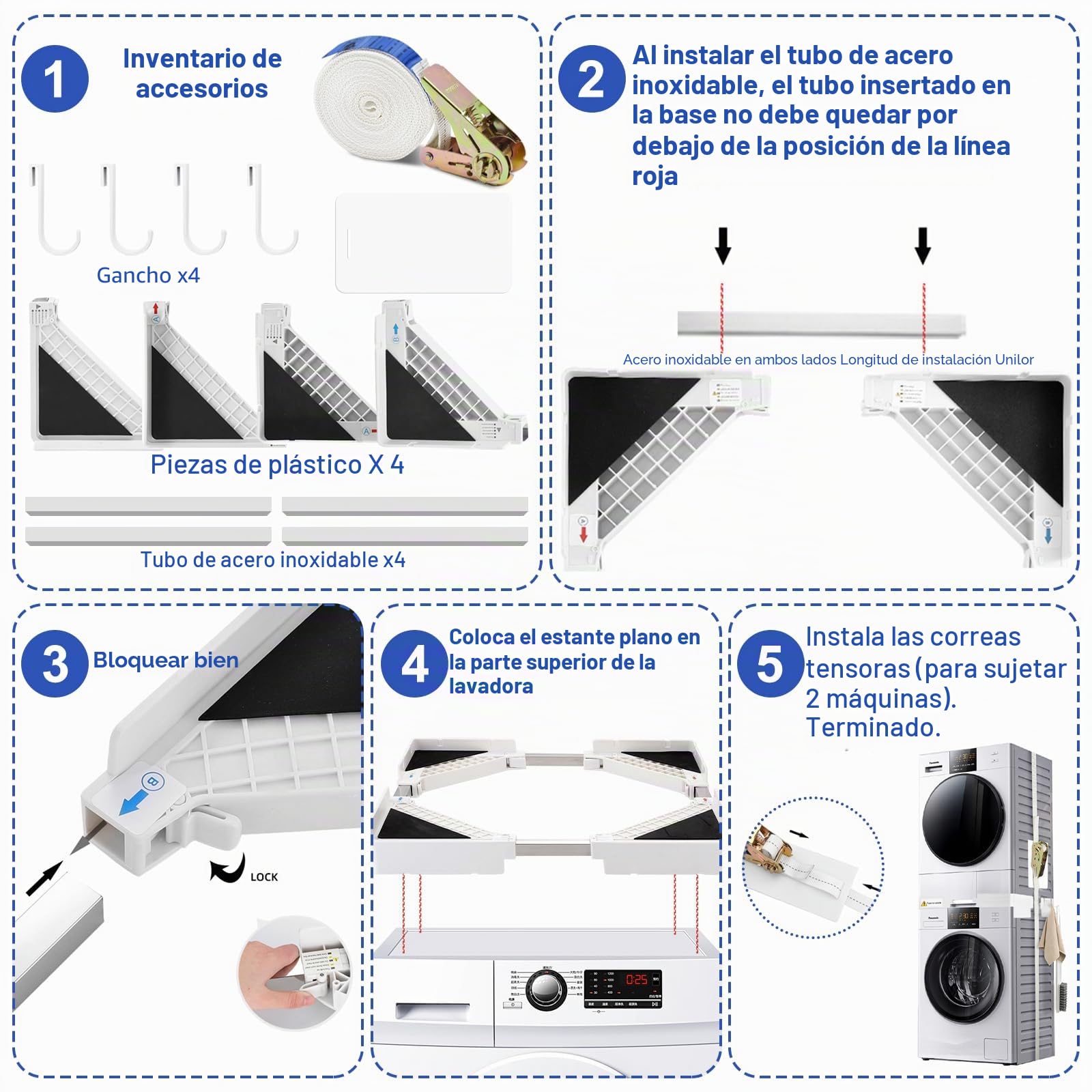 Kit Union Lavadora Secadora, Kit de Apilamiento Universal con 8 Almohadillas Antivibración y Cuerda de Trinquete, Marco Ajustable de Soporte Secadora de 44.5-70 CM, 4 Ganchos, Blanco