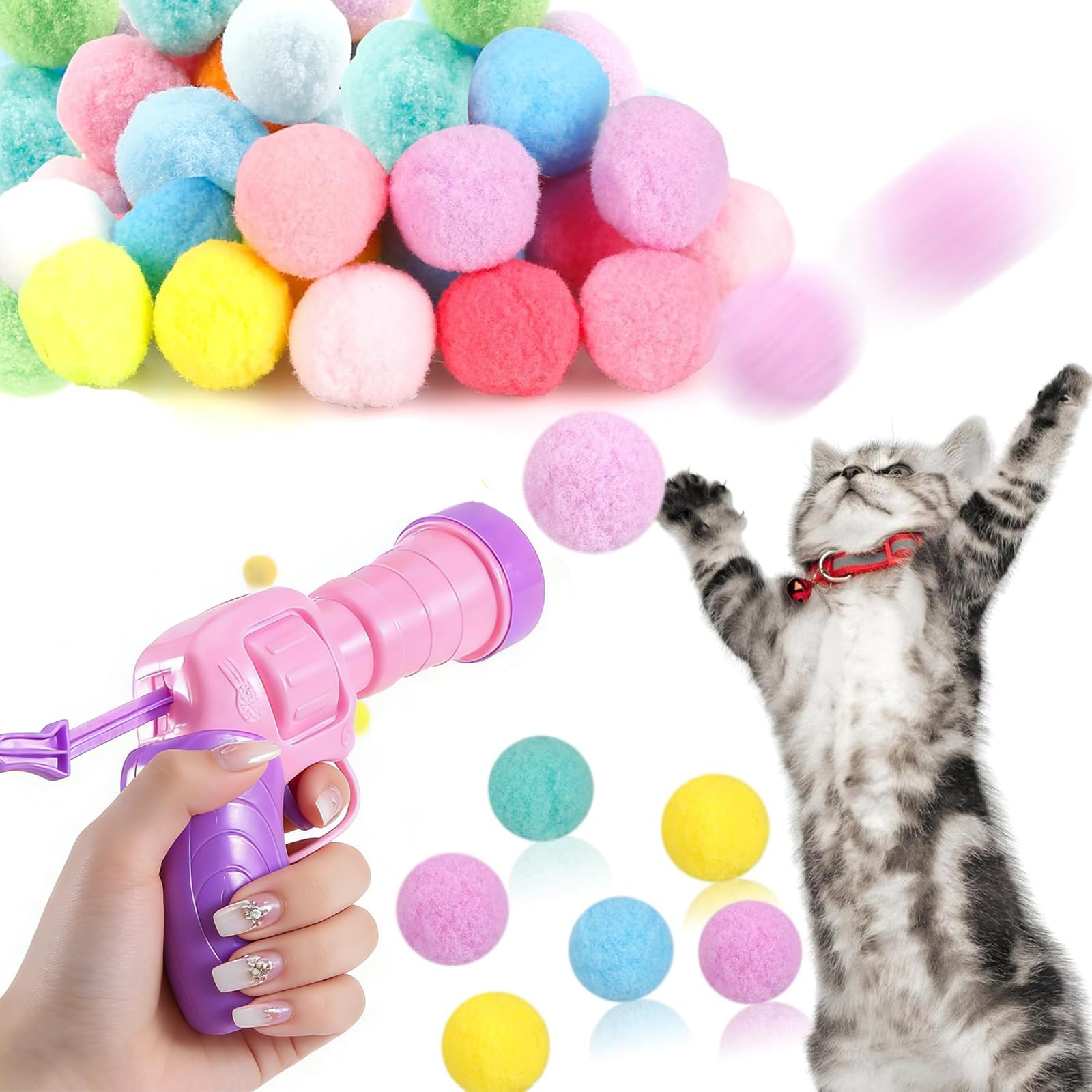 Phyxiul 猫おもちゃ 猫ポンポンボール 混合色 ボールランチャー 猫遊び用 猫大興奮 ペット運動不足やストレス解消 (20個入り(ランチャー*1ピンク))