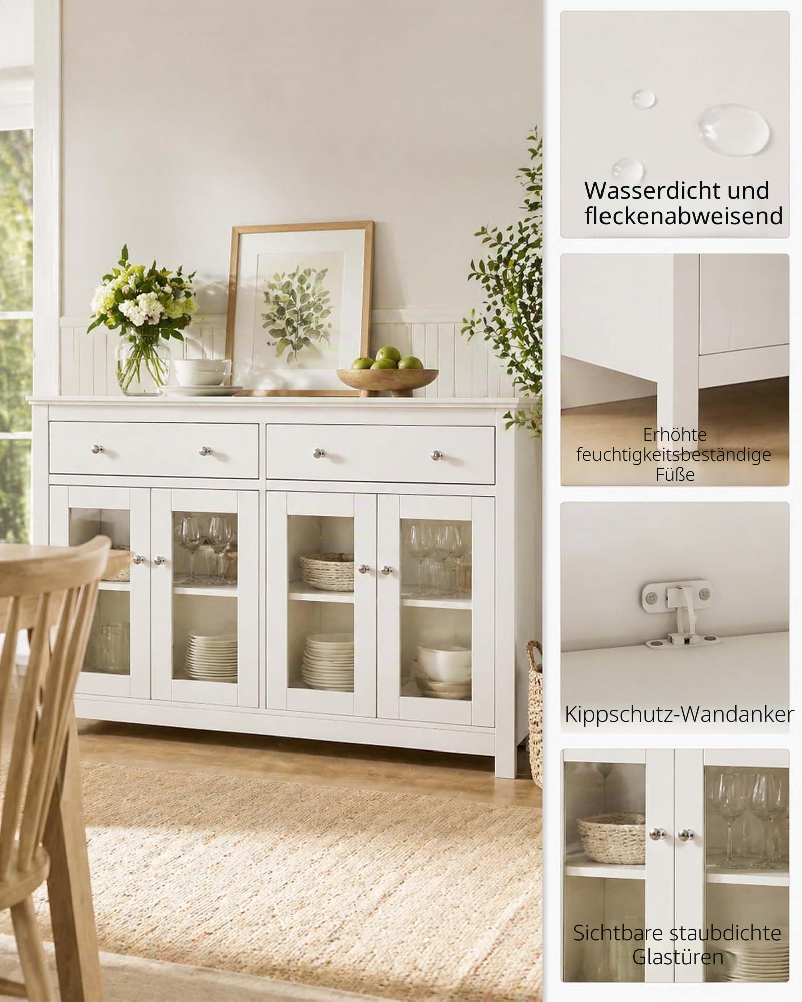 küchenschrank weiß Küchenregal Kaffeebar Landhausstil Sideboard mit 2 Schubladen Mikrowellenhalter Kaffeestation für Küche Esszimmer Stabiler Vintage Ablage 140x40x90 cm