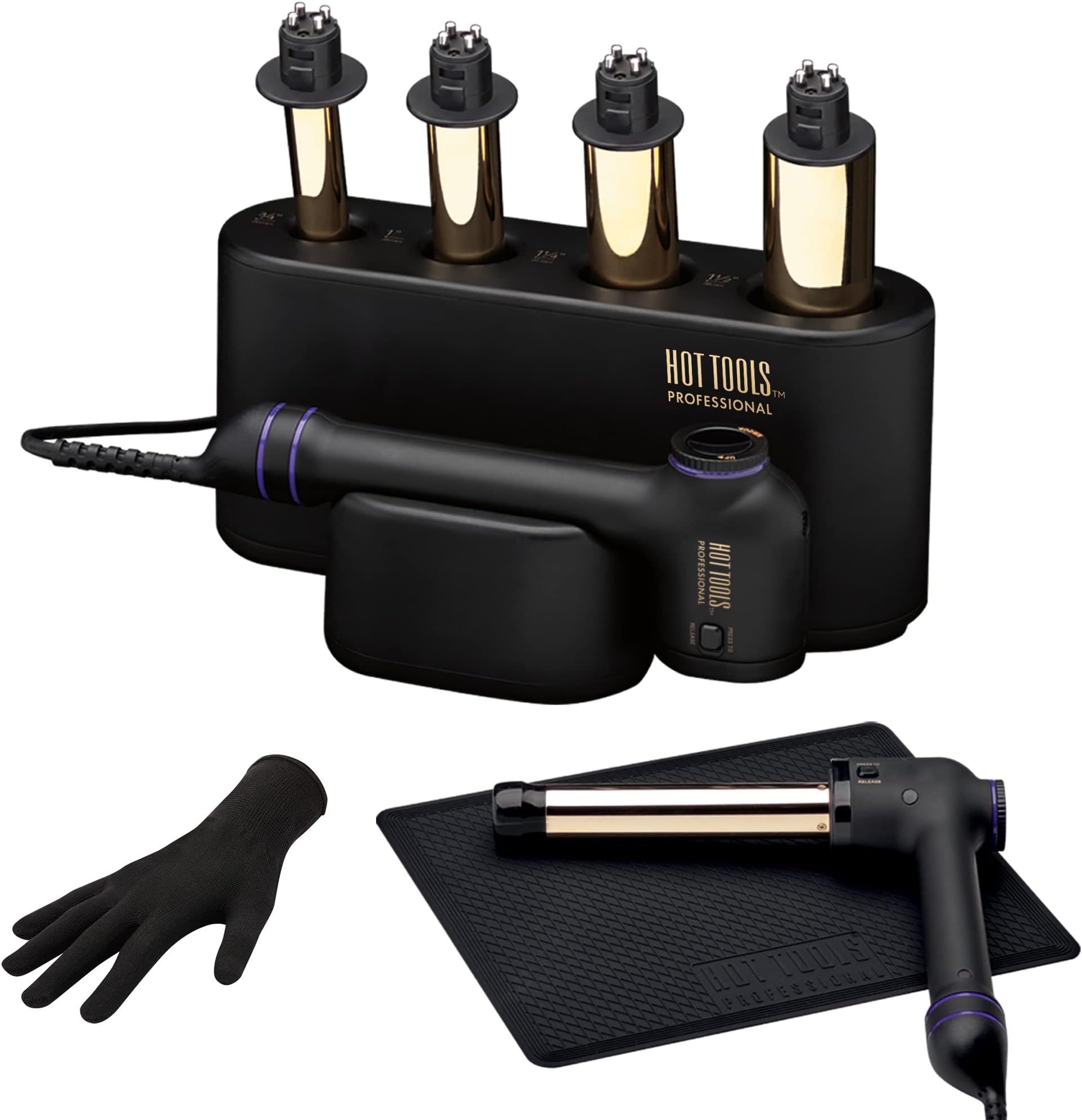 HOT TOOLSPro Artist 24K Gold Curlbar Curling Wand Set | Long Lasting, Defined Curls (3/4, 1, 1¼, & 1½ in)