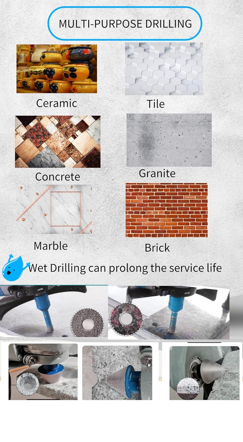 Diamond Tile Drill Bits Kit 11pcs - 6/8/10/25/35/50/65mm Hole Saw,10mm Finger Milling Bit 2" Chamfer Bit with Hex Adapter and 4.5" Diamond Blade for Tile Porcelain Marble