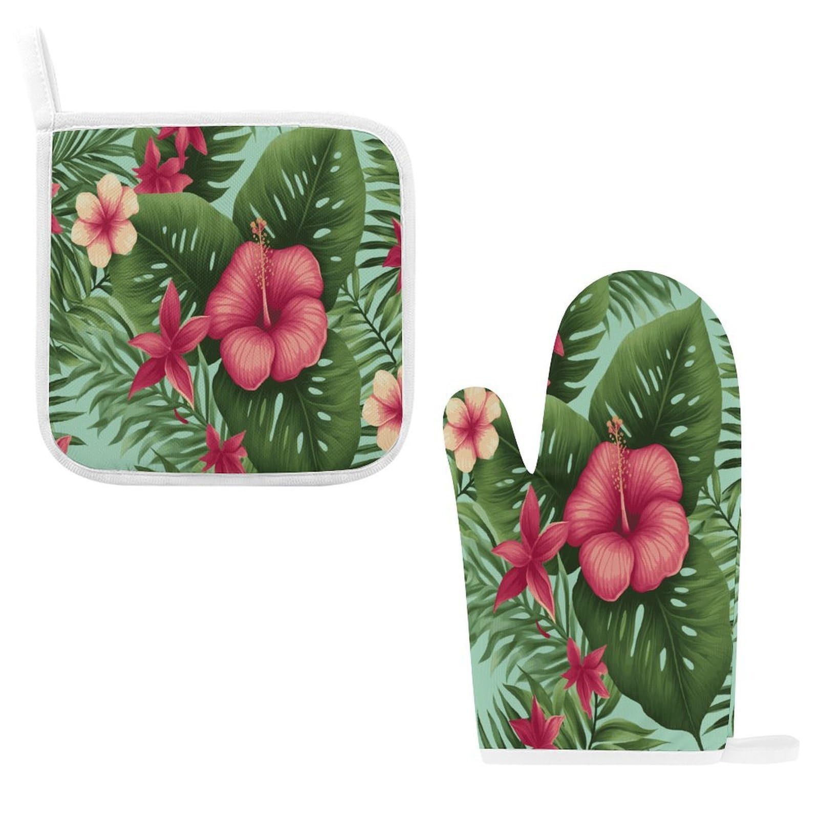 Btcowzrv Style Hawaiian Tropical Leaves Flowers Oven Mitts And Pot Holders 2Pcs Set